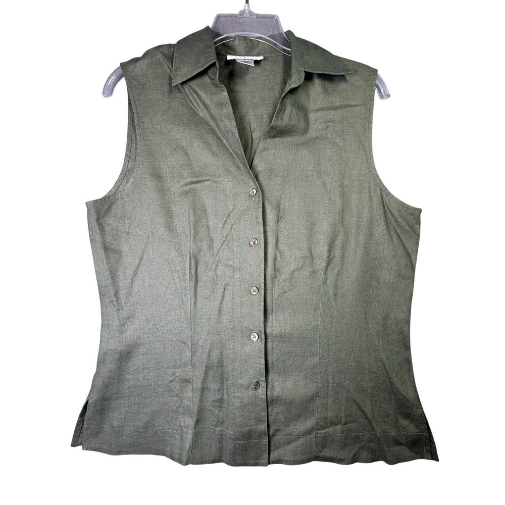 Jones New York Linen Sleeveless Button Down Top Olive Green Coastal Size 12